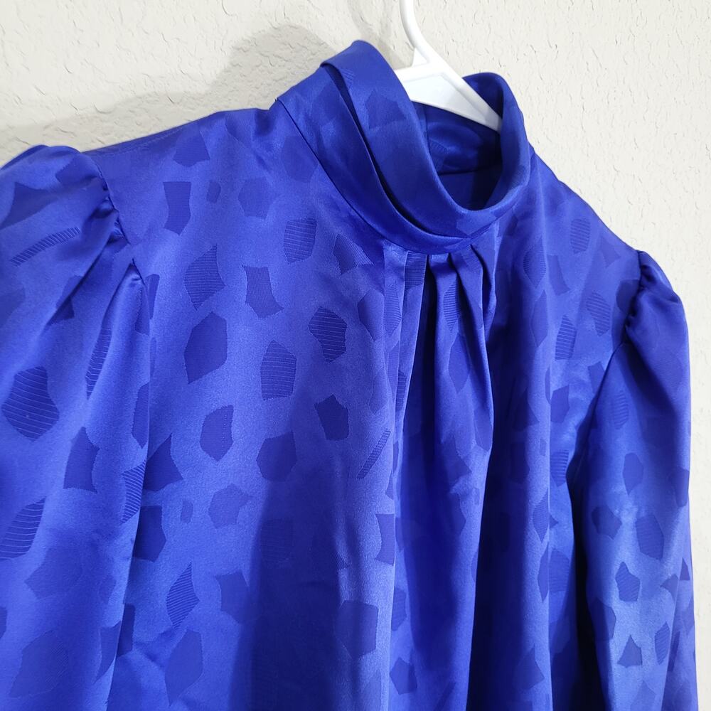 Vintage Blouse Petite Impressions Women  XS  Blue Jacquard Long Sleeve High Neck - Picture 8 of 11